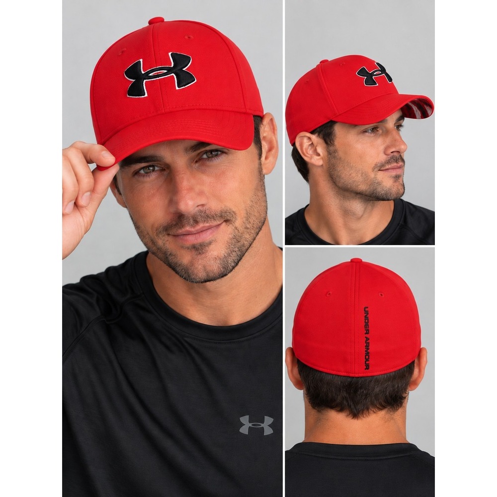 Under Armour Red Stretch Fit Hat Cap M/L Black UA Logo Red Camo Underbrim